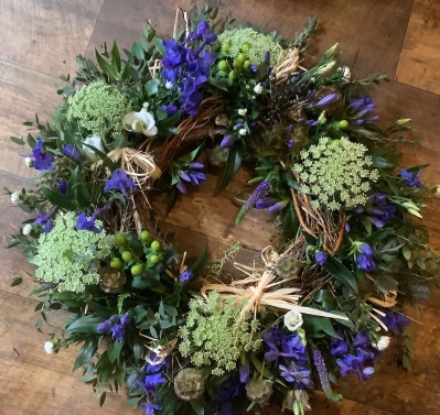 Blue and green rustic wreath